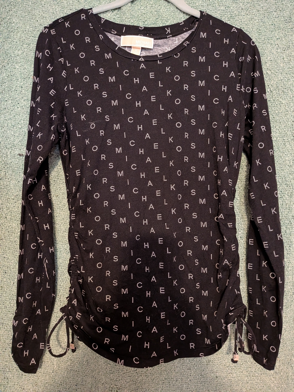 Michael Kors Black Logo-Print Long-Sleeve Ruched Tie Tee